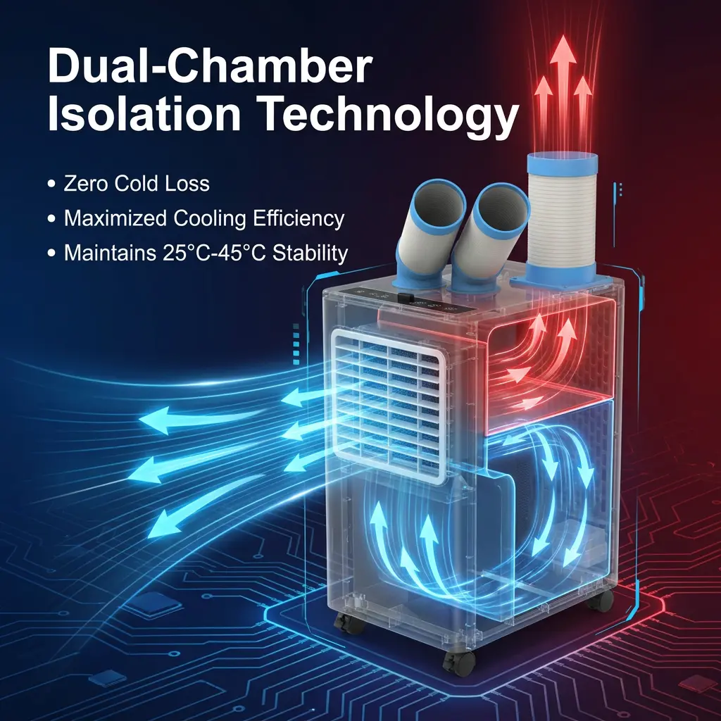 Cuerpo de metal blanco OEM 24 7, doble conducto, aislamiento de calor en frío, refrigerador portátil por puntos, aire acondicionado Industrial para taller