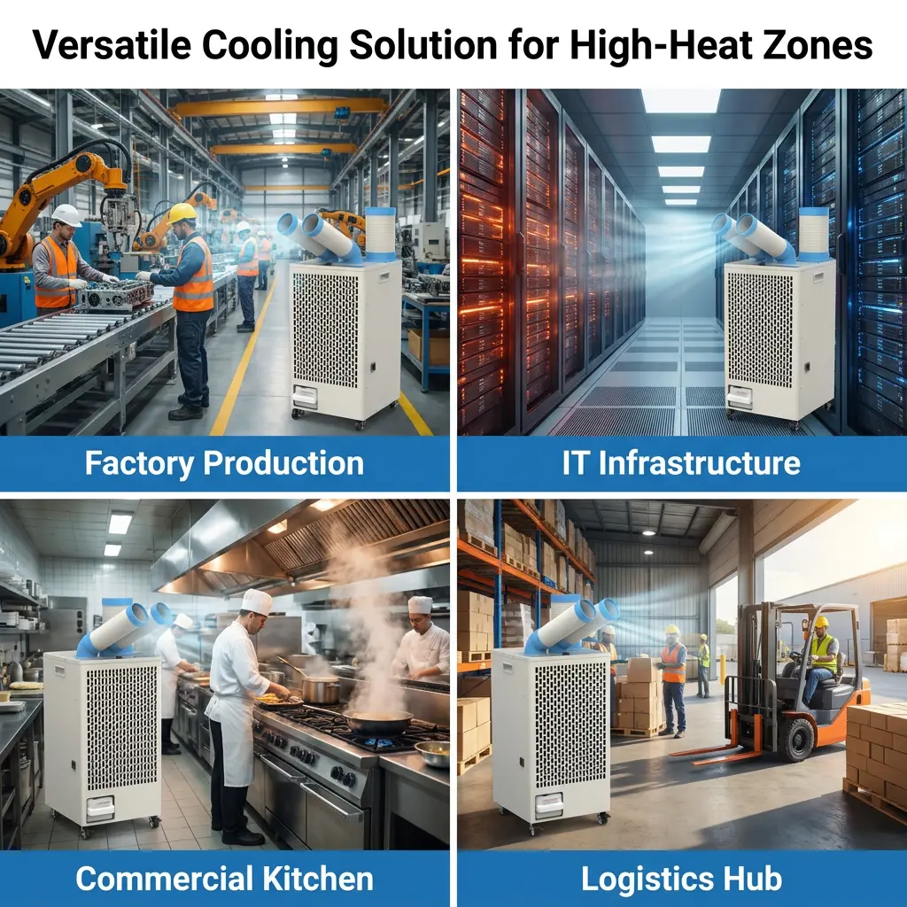 Cuerpo de metal blanco OEM 24 7, doble conducto, aislamiento de calor en frío, refrigerador portátil por puntos, aire acondicionado Industrial para taller