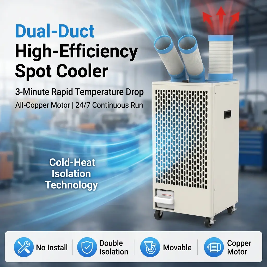 Cuerpo de metal blanco OEM 24 7, doble conducto, aislamiento de calor en frío, refrigerador portátil por puntos, aire acondicionado Industrial para taller